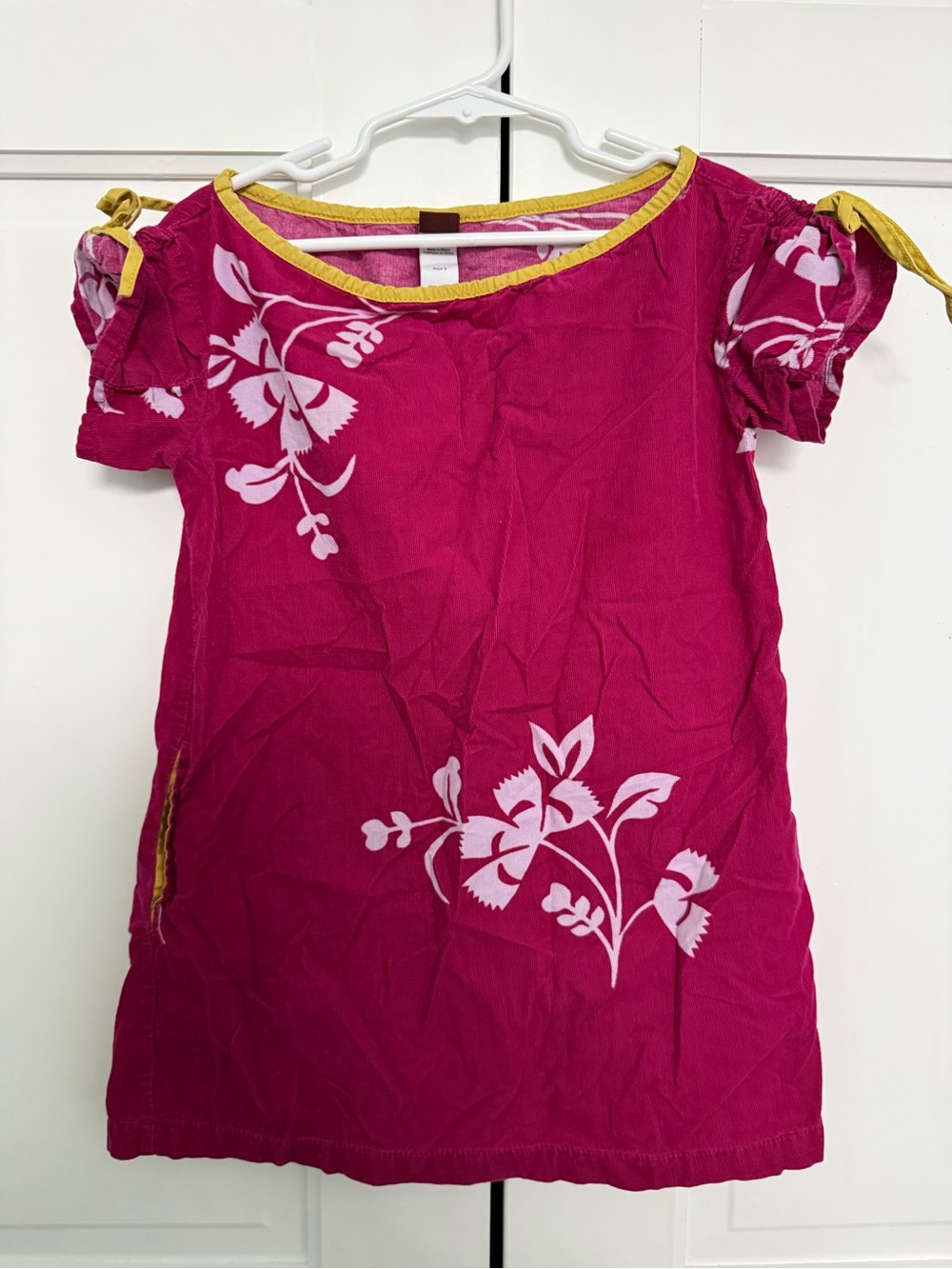 Girls' Magenta Floral Short-Sleeve Tunic Dress with Yellow Trim